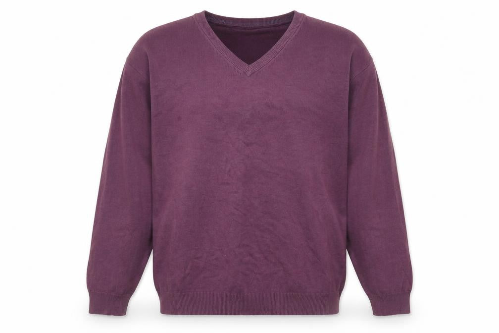 Front view of Dunnes men’s purple v-neck cotton jumper, size L