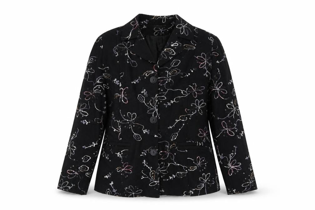 Front view of Exclusive women’s black floral jacket blazer, size M, button