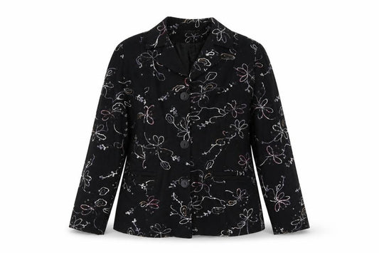 Front view of Exclusive women’s black floral jacket blazer, size M, button