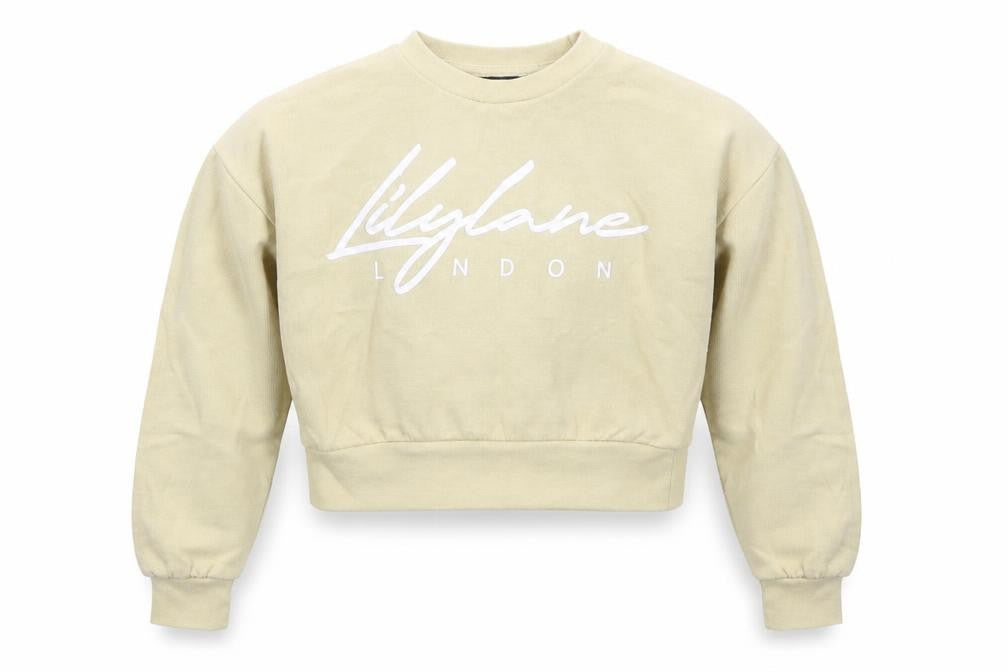 Front view of LilyLane girls’ beige cotton pullover sweatshirt, size 9-10, years pullover