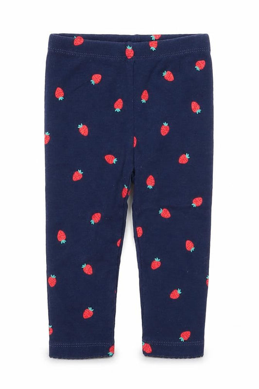 Front view of Carters girls’ blue cotton capri leggings, size 9, months - strawberries