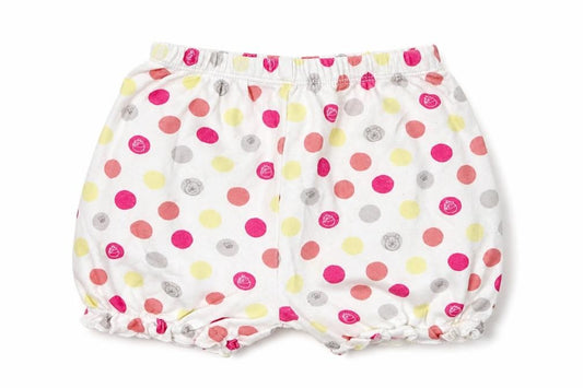 Front view of Disney girls’ white polka dot cotton cropped trousers, size 9-12, months - winnie the pooh shorts
