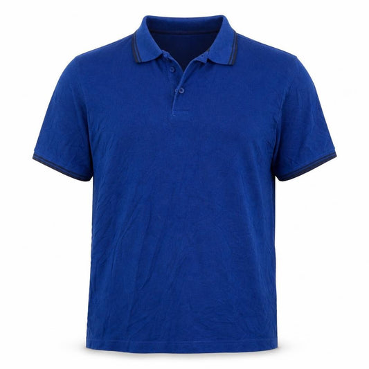 Front view of Originals Wardrobe Essentials men’s blue cotton polo, size M, collared pullover