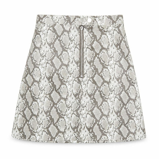 Front view of Divided women’s grey animal print polyester a-line skirt, size UK 4, zip