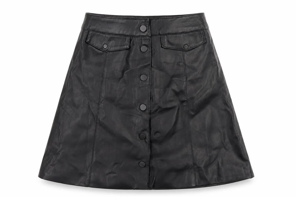 Front view of Divided women’s black polyester a-line skirt, size UK 4, snap