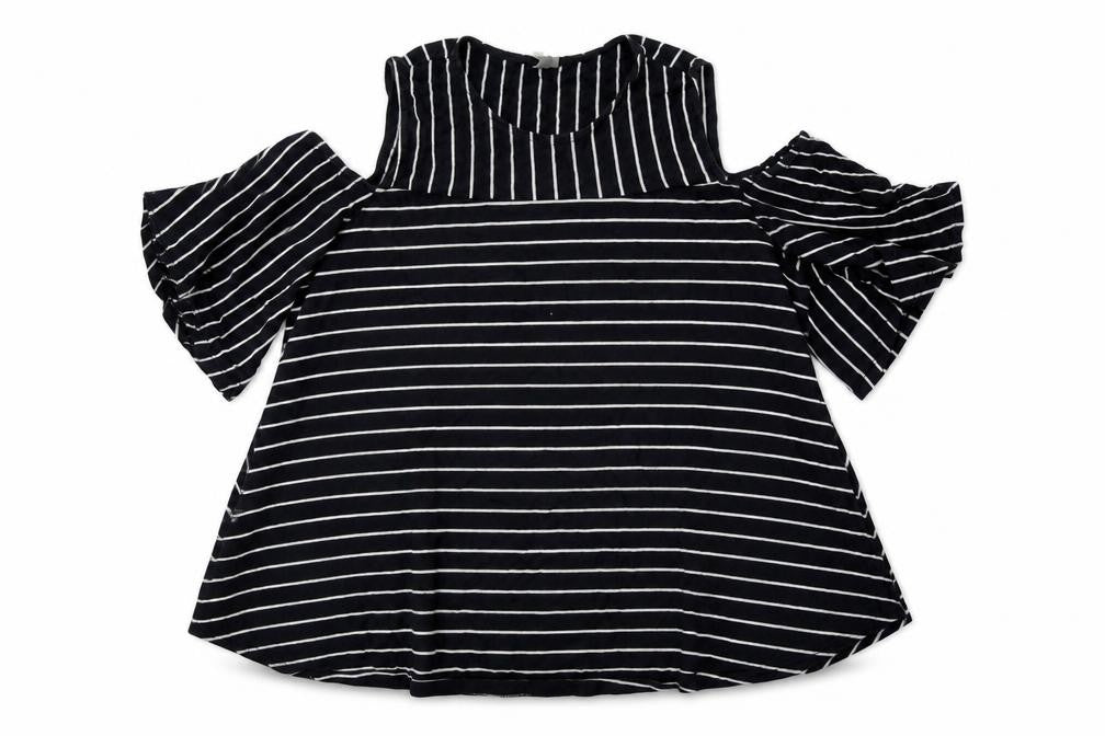 Front view of ASOS women’s blue striped cotton basic blouse, size UK 12, round neck