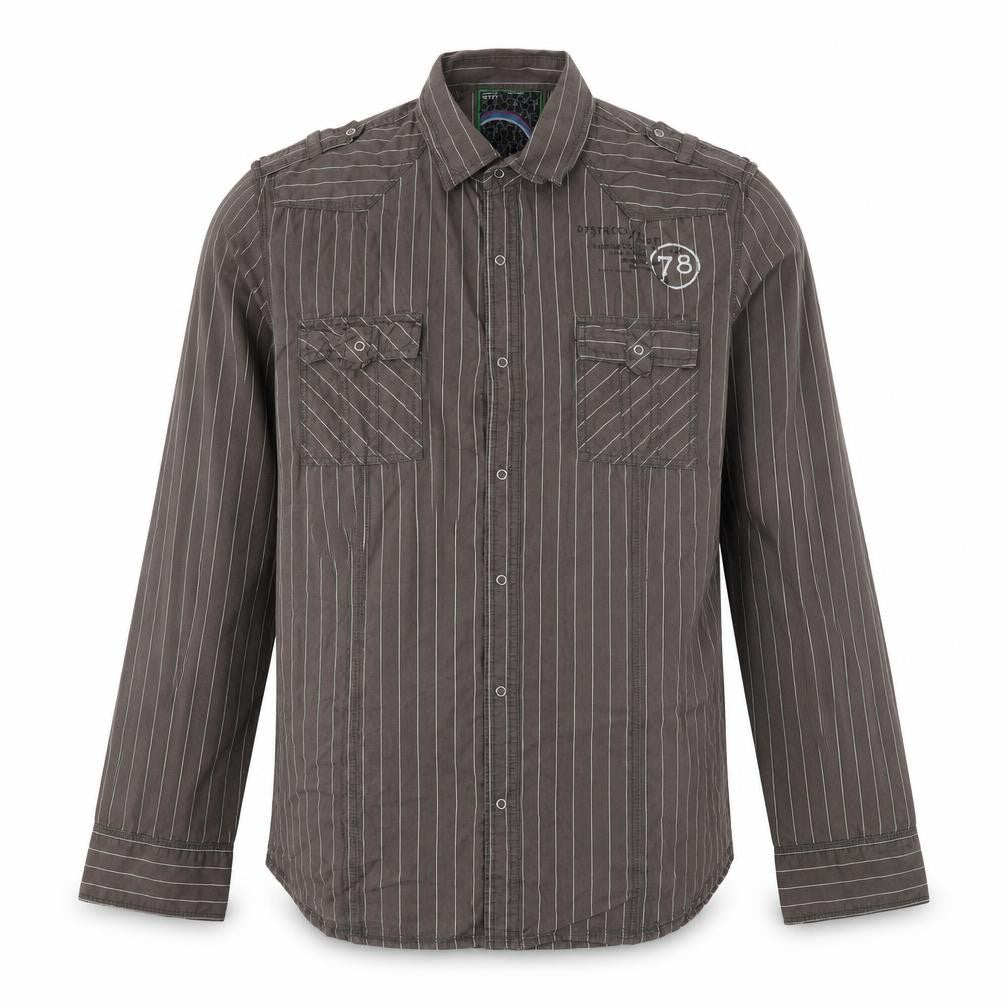 Front view of Next men’s brown striped cotton button-up, size XL, collared button