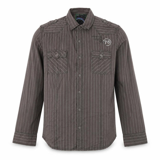Front view of Next men’s brown striped cotton button-up, size XL, collared button