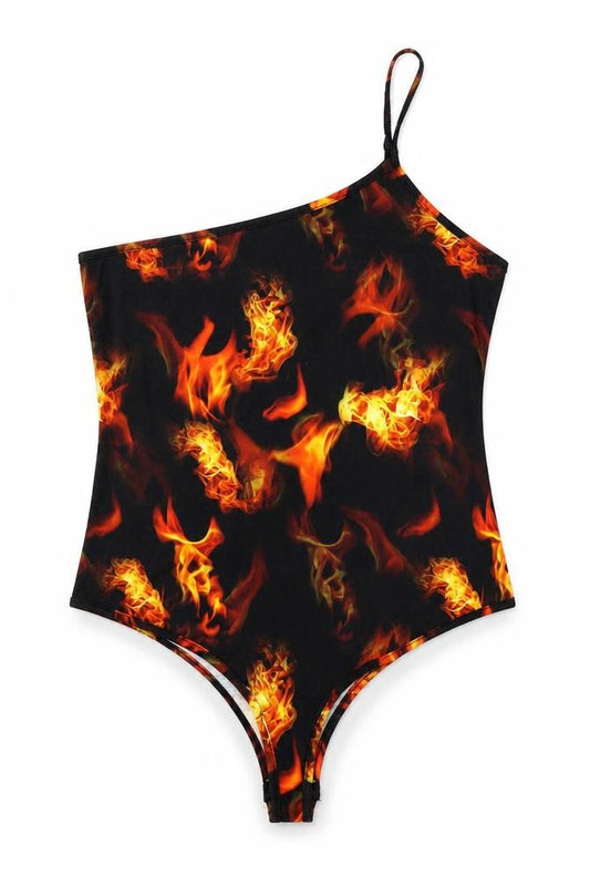 Front view of PRETTYLITTLETHING women’s black geometric polyester bodysuit one-piece, size UK 10, button