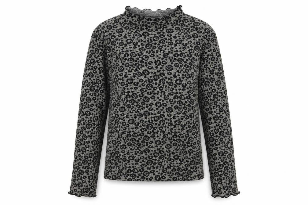 Front view of Zara girls’ grey high neck animal print polyester jumper, size 11-12, years pullover