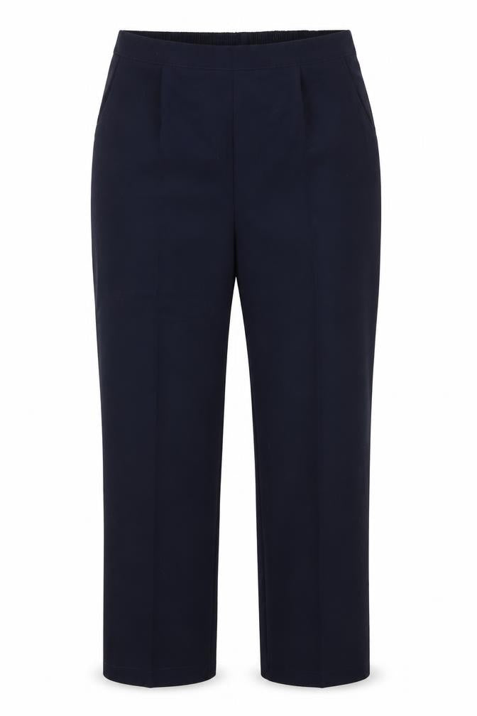 Front view of Duvir women’s blue polyester trousers, size UK 18, 27-inch leg regular