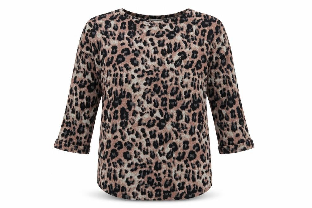 Front view of F&F women’s brown round neck animal print polyester jumper, size UK 10