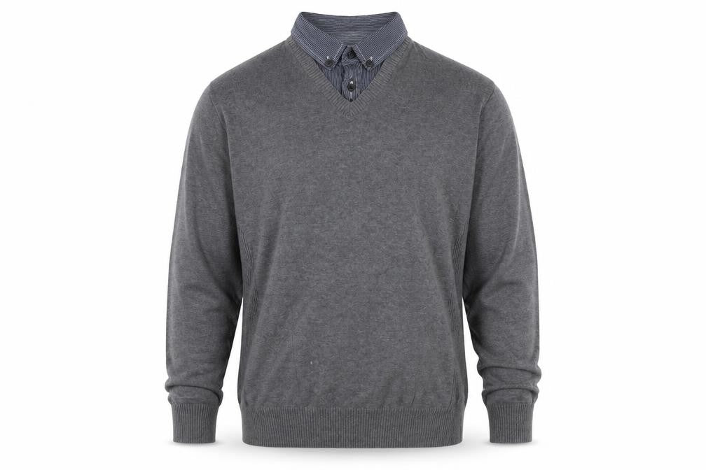 Front view of Matalan men’s grey collared cotton jumper, size M