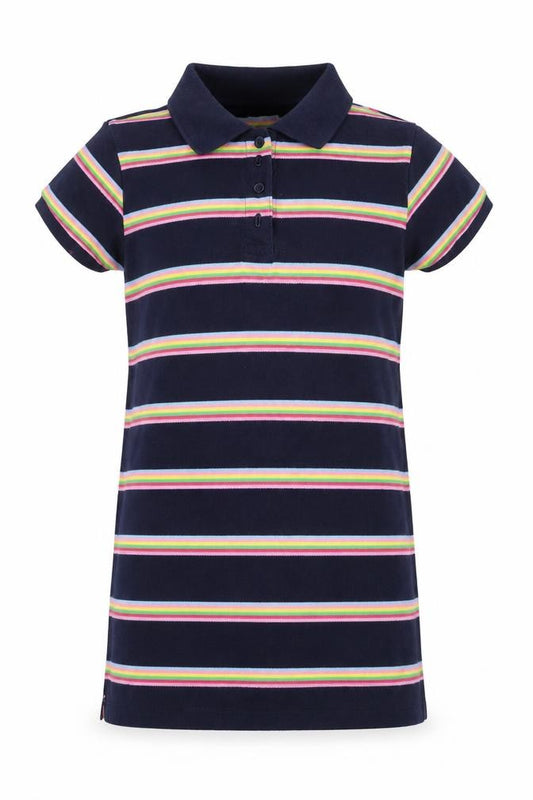 Front view of Next girls’ blue striped 100% cotton pullover polo, size 8, years collared button