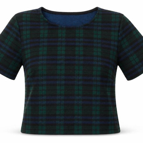 New Look Womens Green Plaid Polyester Cropped T-Shirt Size 10 Crew Neck