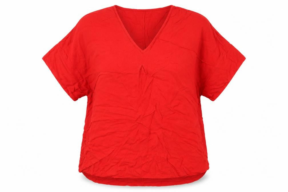 Front view of Woman women’s red viscose basic blouse, size L, v-neck