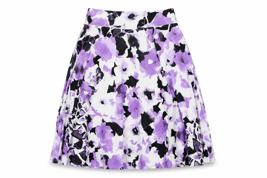 Front view of Basler women’s purple floral viscose swing skirt, size UK 10