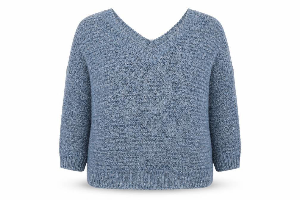 Front view of River Island women’s blue v-neck polyamide jumper, size UK 16
