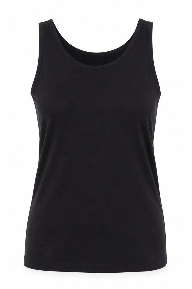 Front view of Vincent women’s black cotton basic tank, size UK 10, scoop neck