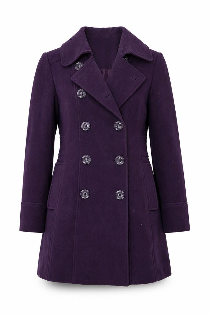 Front view of BHS women’s purple overcoat coat, size UK 10, button