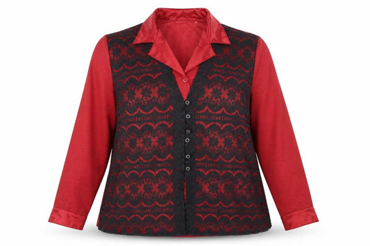 Front view of Designer Essentials women’s red polyester basic button-up, size UK 18, collared - lace overlay