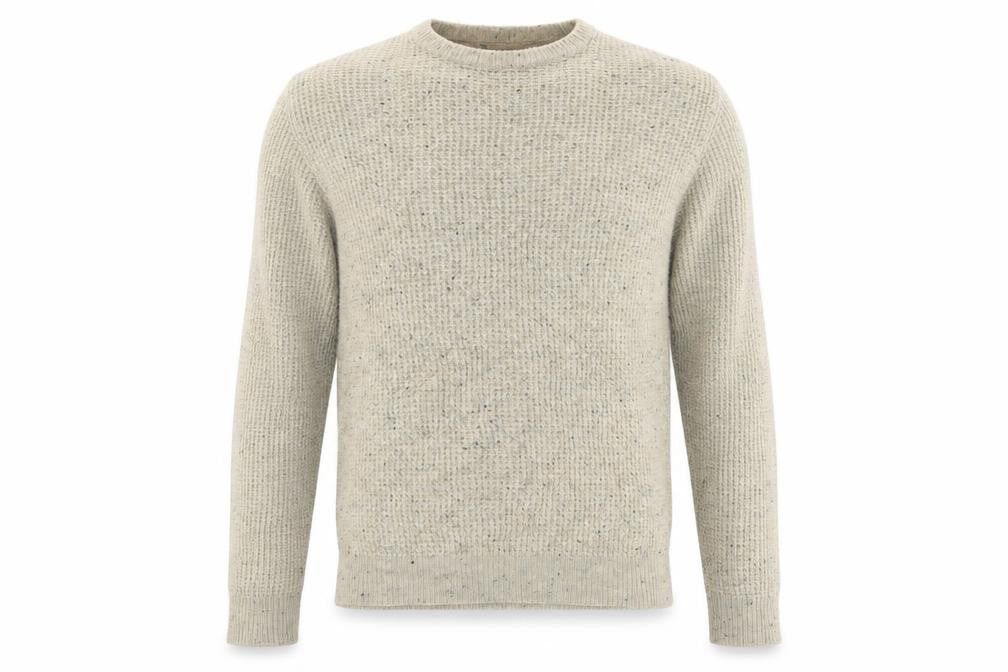 Front view of Cedarwood State men’s beige crew neck acrylic jumper, size S