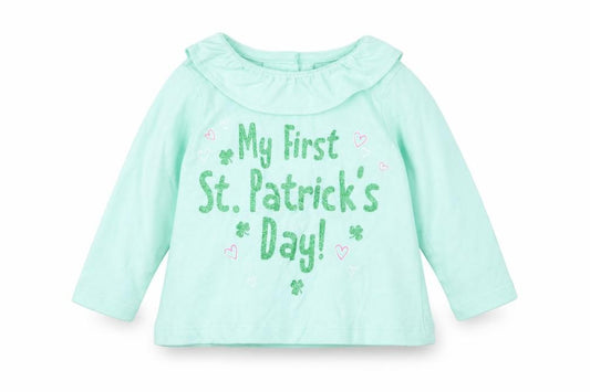 Front view of Dunnes Green 100% Cotton Basic T-Shirt, size 0-3, Months Round Neck Button - St. Patrick's day