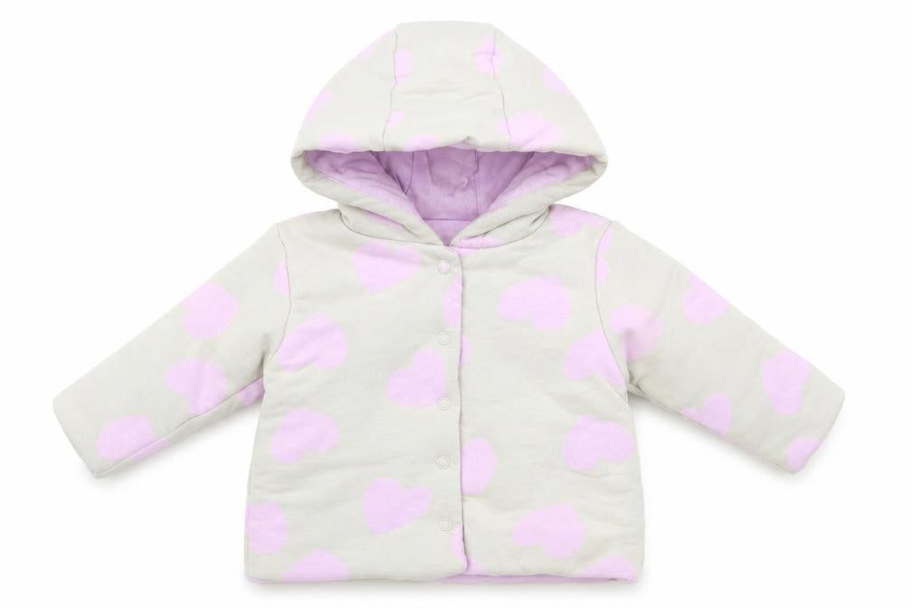 Front view of Dunnes Baby Grey Geometric Basic Jacket Jacket, size 3-6, Months Snap - Heart Print
