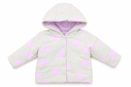 Front view of Dunnes Baby Grey Geometric Basic Jacket Jacket, size 3-6, Months Snap - Heart Print