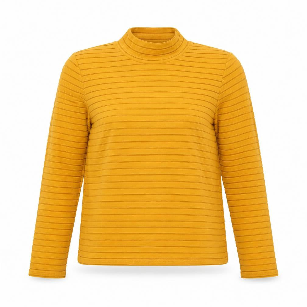 Front view of Marks & Spencer women’s orange striped polyester basic t-shirt, size UK 8, mock neck