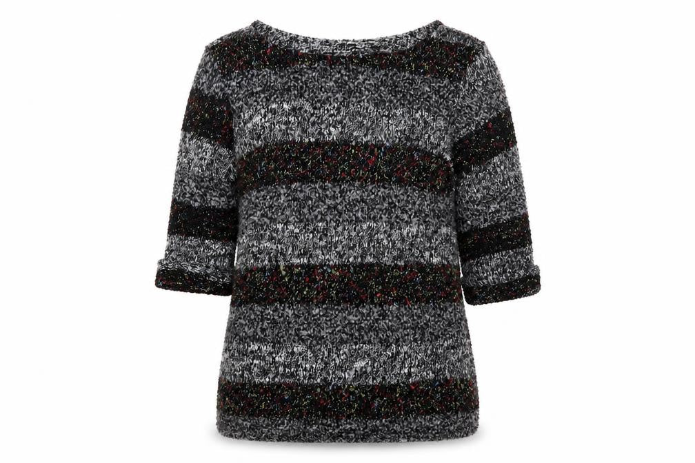 Front view of River Island women’s grey boat neck striped polyester jumper, size UK 8