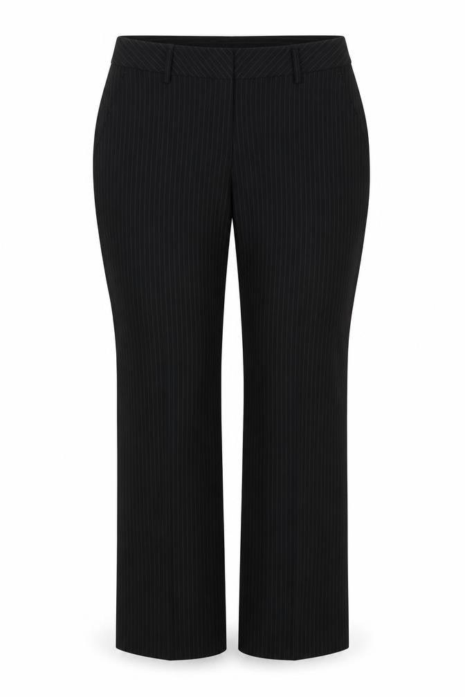 Front view of Dunnes women’s black polyester trousers, size UK 10, 30-inch leg regular