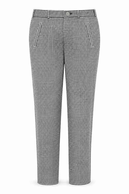 Front view of F&F women’s black check viscose trousers, size UK 12, 27-inch leg regular button