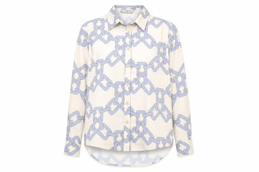 Front view of Drole de copine women’s beige geometric polyester basic button-up, size S, collared
