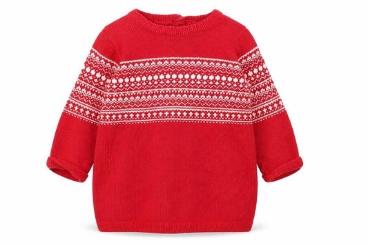 Front view of Next girls’ red fair isle cotton tunic jumper, size 6-9, months pullover