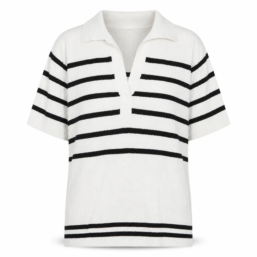 Front view of Next women’s white v-neck striped nylon jumper, size UK 6