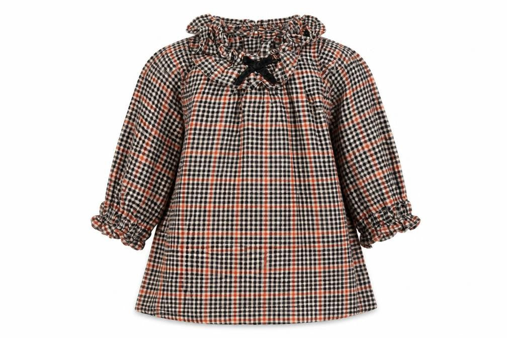 Front view of Next girls’ brown check cotton a-line, size 6-9, months collared button