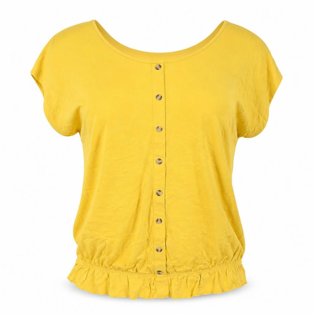 Front view of Body + Flirt women’s yellow polyester basic t-shirt, size M, round neck