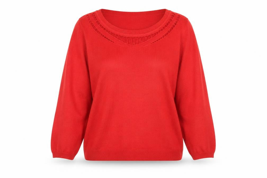 Front view of Per Una women’s red round neck acrylic jumper, size UK 12