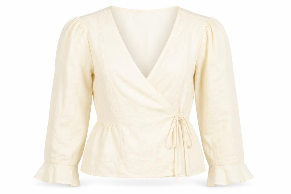 Front view of Topshop women’s beige polyester wrap blouse, size UK 6, v-neck