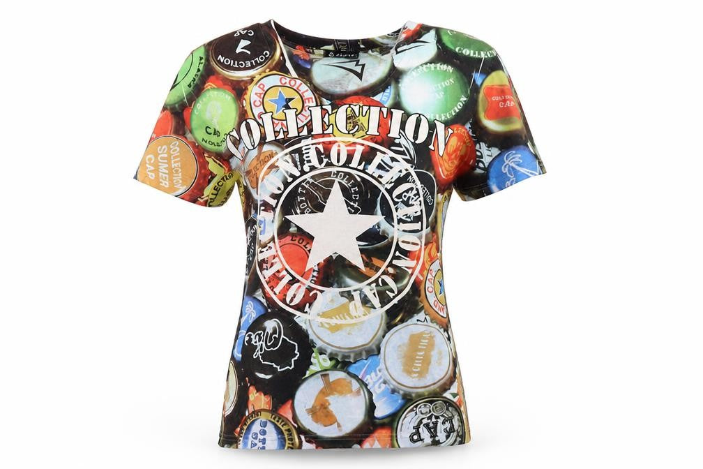 Front view of Modas RG Planet women’s multicoloured polyester basic t-shirt, size M, v-neck - collection