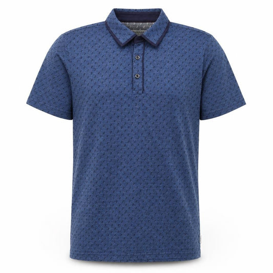Front view of Mish Mash men’s blue geometric polyester polo, size S, collared button