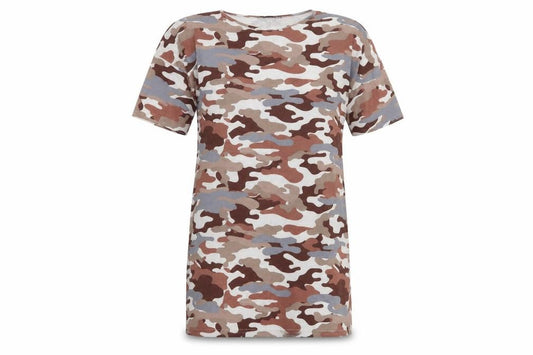 Front view of PRETTYLITTLETHING women’s multicoloured camouflage polyester t-shirt dress, size UK 8, round neck pullover