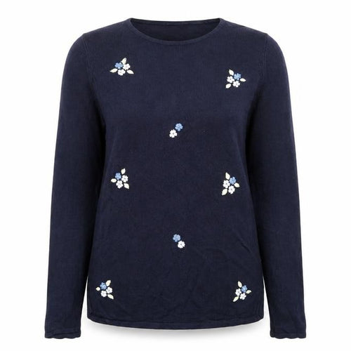 Isabelle Womens Blue Round Neck  Acrylic Pullover Jumper Size S   - Floral Embroidery