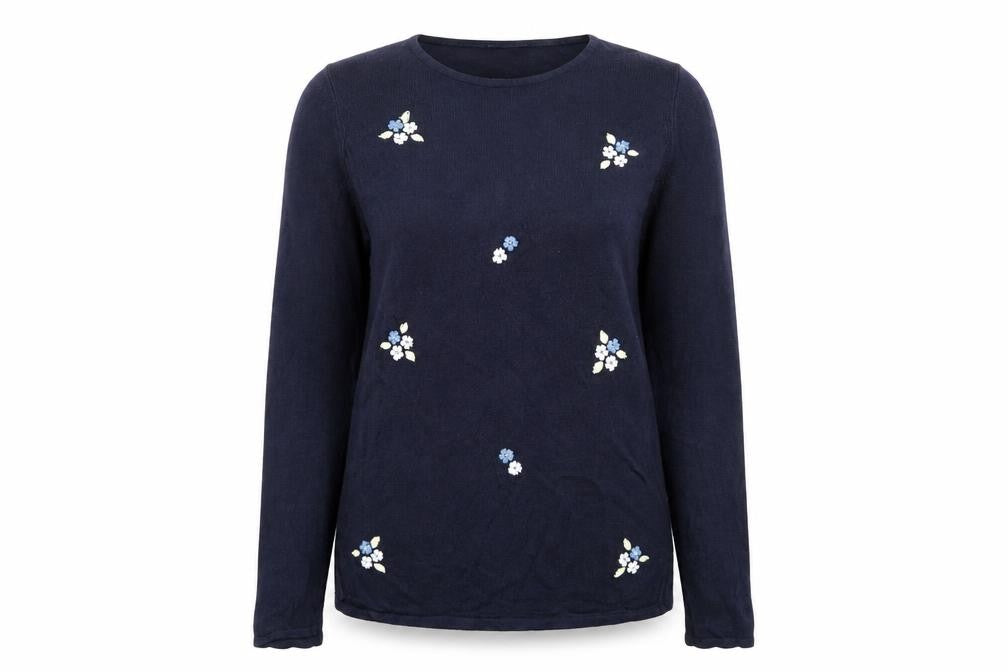 Isabelle Womens Blue Round Neck  Acrylic Pullover Jumper Size S   - Floral Embroidery