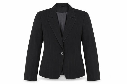 Front view of George women’s black pinstripe polyester jacket blazer, size UK 14