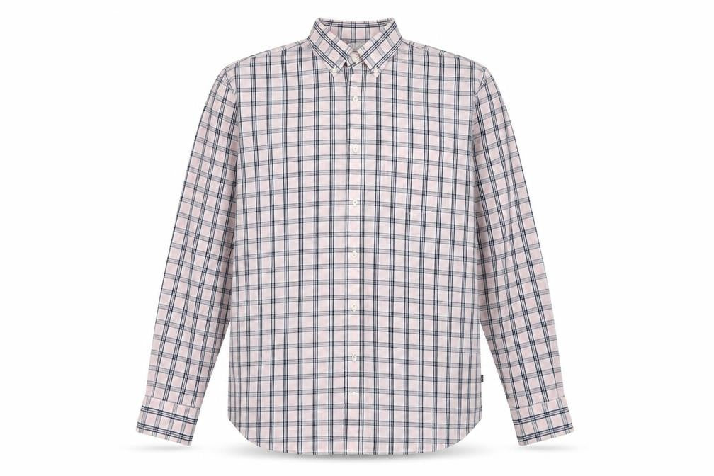 Front view of Nautica men’s pink plaid cotton button-up, size M, collared button