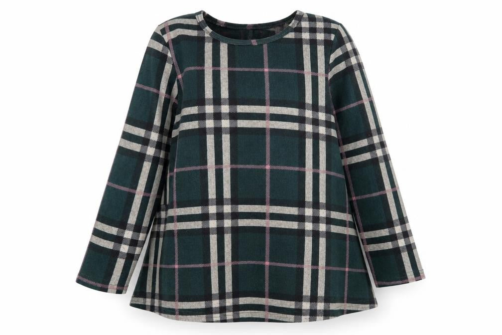 Front view of Apricot women’s green round neck plaid polyester jumper, size UK 14