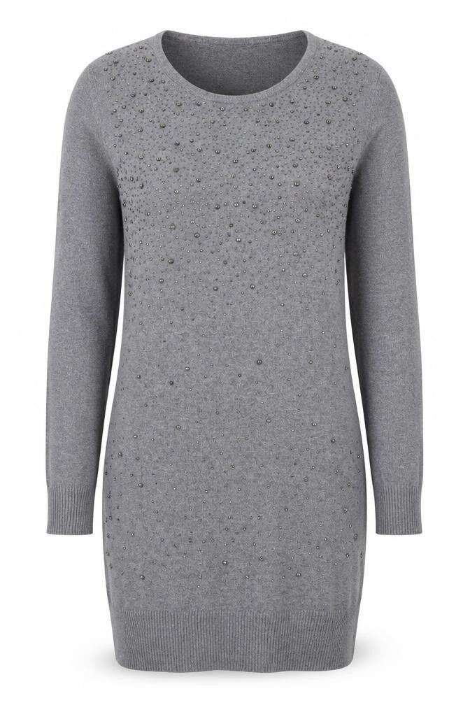 Front view of Losmoda women’s grey polyester jumper dress, size S, round neck pullover