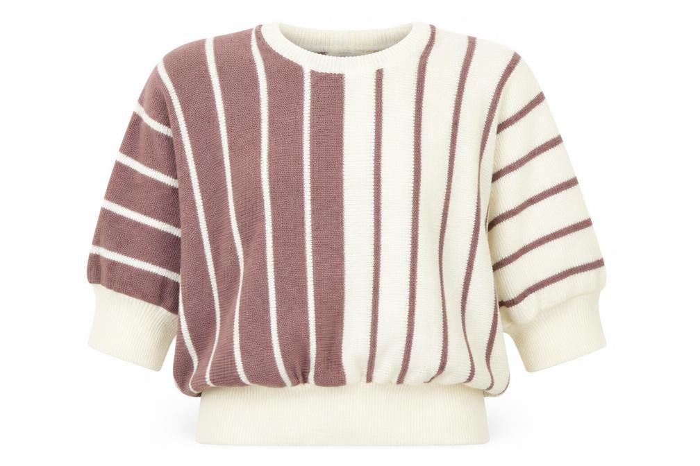 Front view of Genetics women’s white round neck striped acrylic jumper, size UK 14